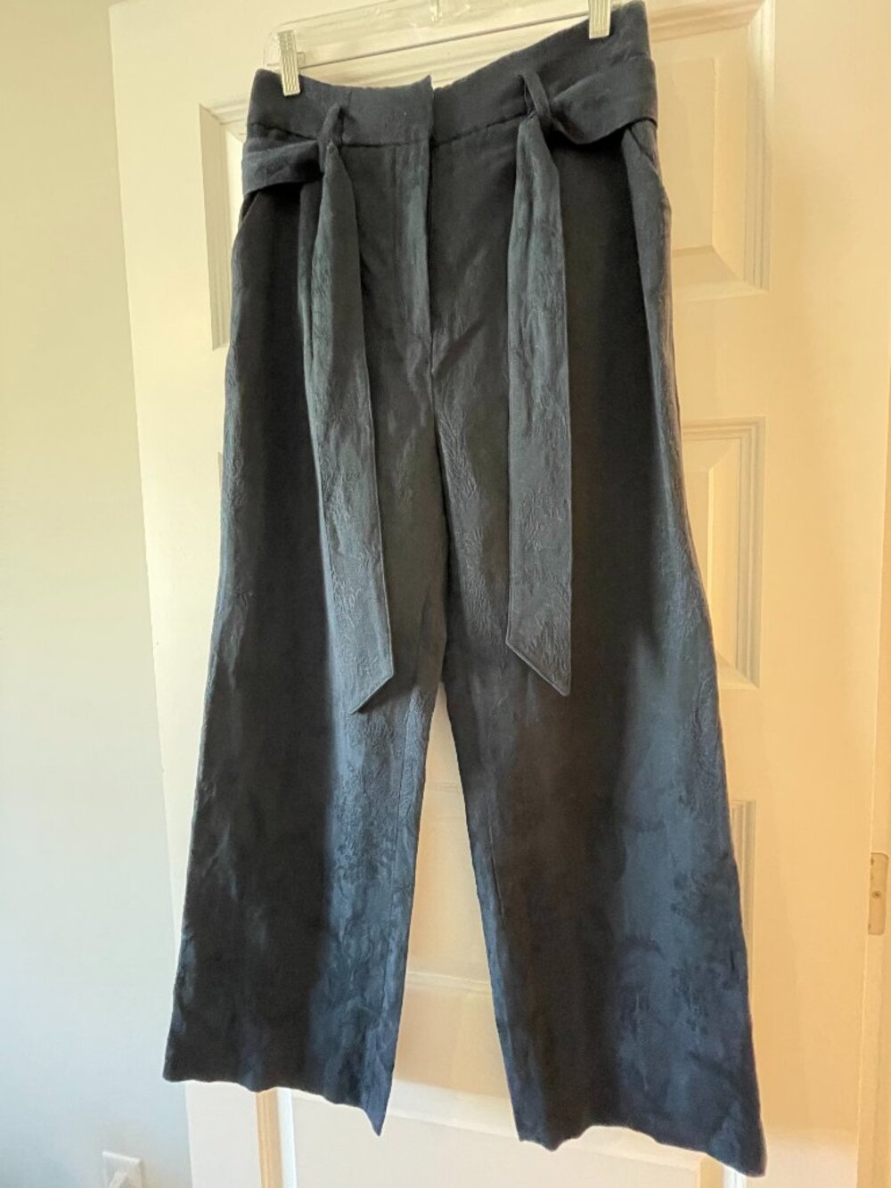 Veronica Beard Vitha Tonal Floral Jacquard Wide Leg Tie Belt Pants Navy 8
